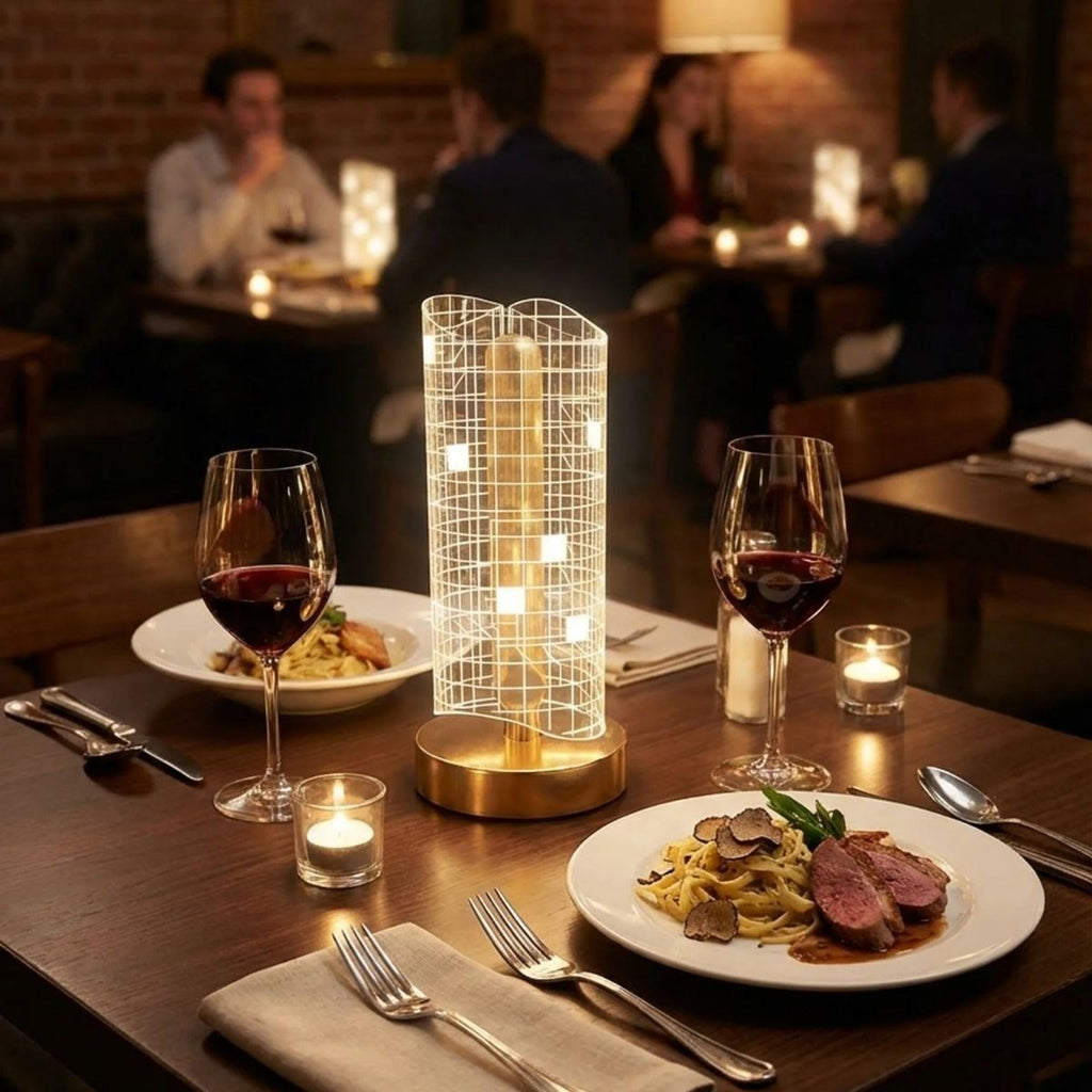 Dalgalı Silindirik Kristal Kareli Model LED Masa Lambası – Gold Tabanlı, Dokunmatik, 3 Renk Işık Modlu, Şarjlı Modern Dekoratif Gece Lambası