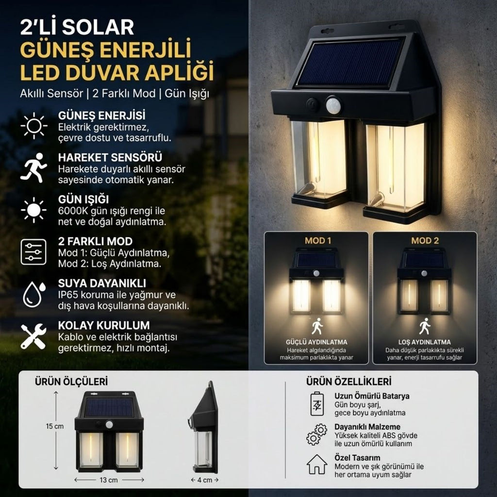 2'li Solar Güneş Enerjili LED Duvar Apliği, Hareket Sensörlü, Şarjlı, Kablosuz Dış Mekân Bahçe ve Kapı Lambası