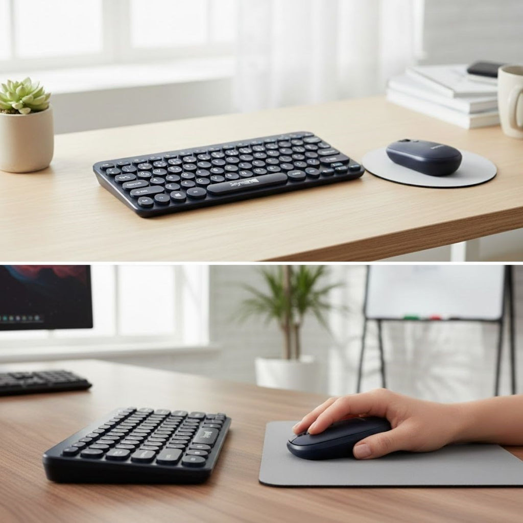 Kablosuz Lacivert Bluetooth Klavye Mouse Seti – Yuvarlak Tuşlu Tasarım, Türkçe Q Dizilim, Taşınabilir, Ev ve Ofis Kullanımına Uygun