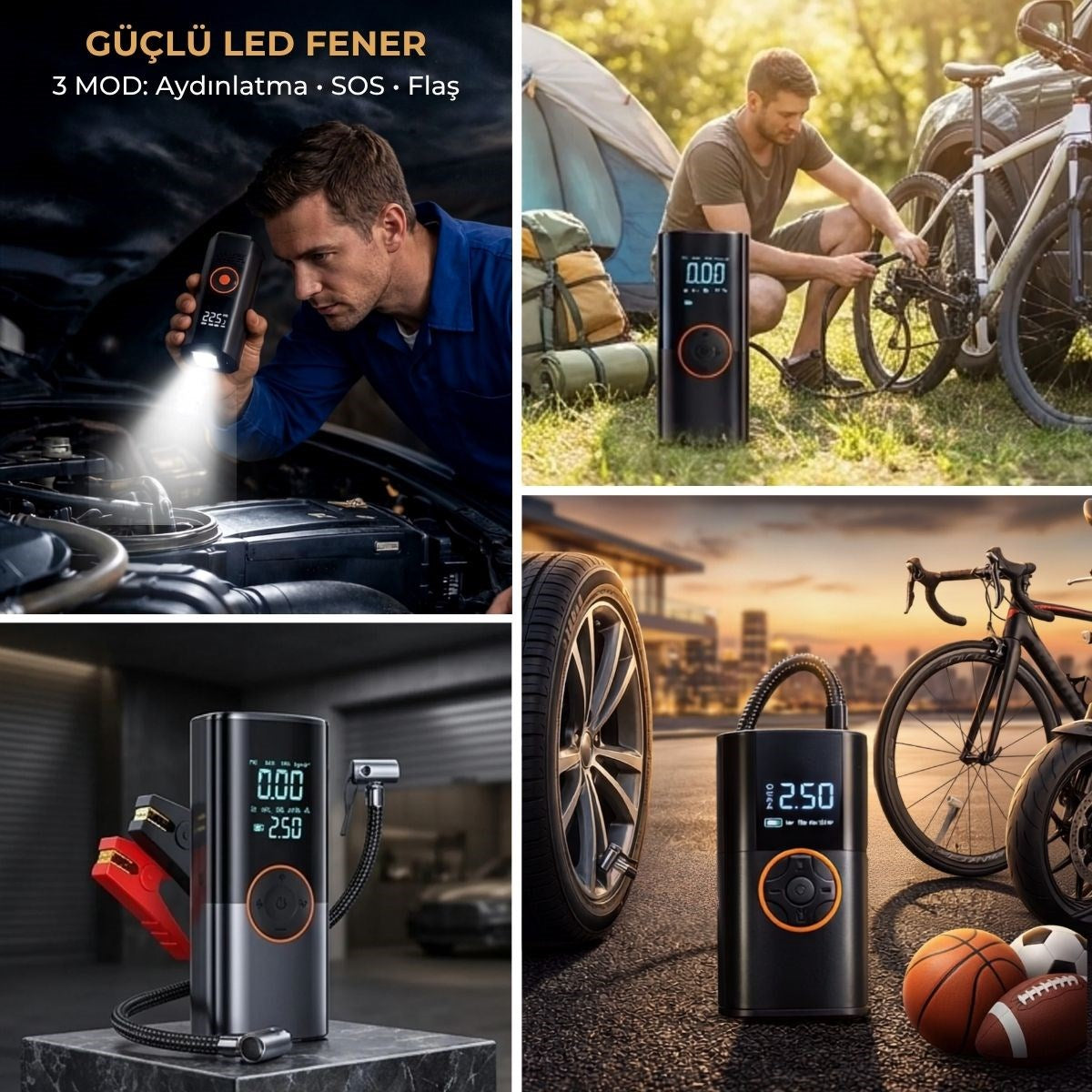 BUFFER Akü Takviye Cihazı ve Lastik Şişirme Pompası 16000mAh – Powerbank Özellikli, Dijital Ekranlı SOS Fenerli Taşınabilir Kompresör