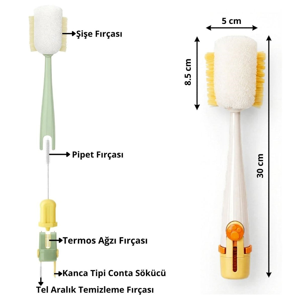 5’i 1 Arada Çok Amaçlı Şişe Temizleme Fırçası – Sürahi, Kavanoz, Pipet, Kapak, Emzik ve Biberon Temizlik Seti