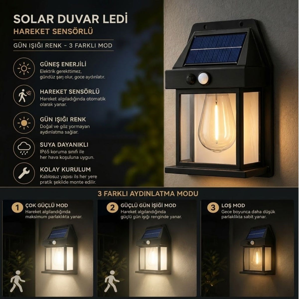 Ampul Model 3 Modlu Solar LED Duvar Lambası, Güneş Enerjili, Şarjlı Kablosuz Dış Mekân Apliği, Bahçe ve Kapı Lambası