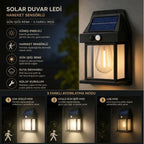 Ampul Model 3 Modlu Solar LED Duvar Lambası, Güneş Enerjili, Şarjlı Kablosuz Dış Mekân Apliği, Bahçe ve Kapı Lambası