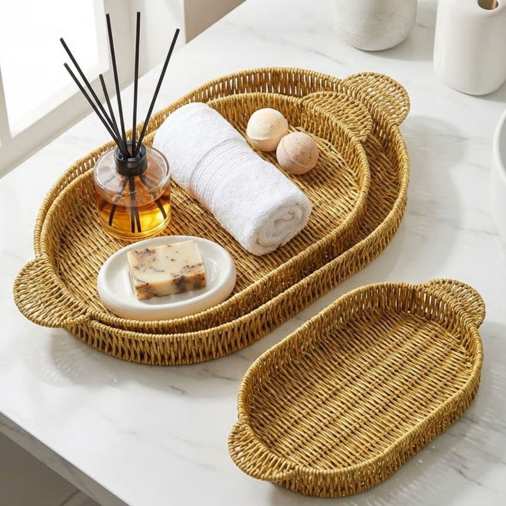 İç İçe Geçebilen 3’lü Oval Plastik Rattan Tepsi Seti–Hasır Görünümlü Çok Amaçlı Servis ve Sunum Tepsileri