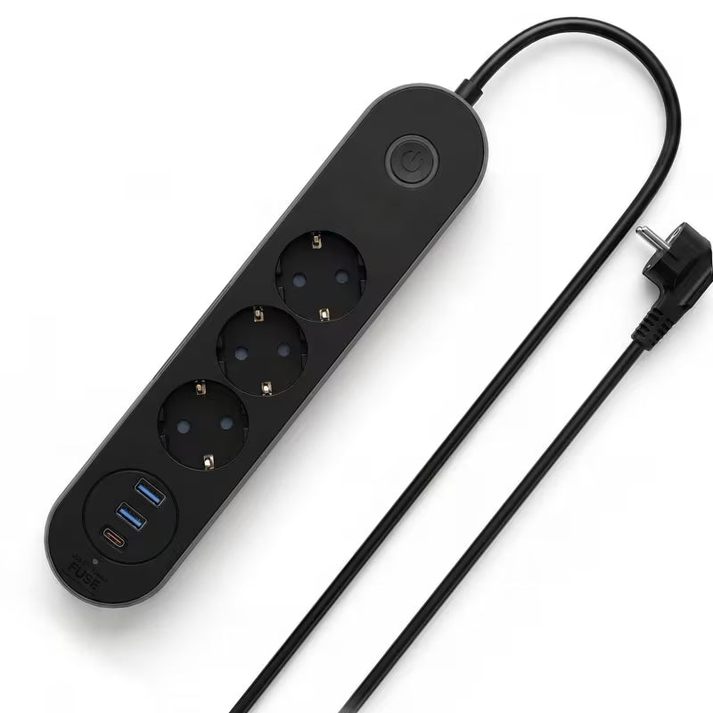 Akım Korumalı Çoklu Priz 2500W – 3 Priz + 2 USB + Type-C Hızlı Şarj – 2 Metre Uzatma Kablosu