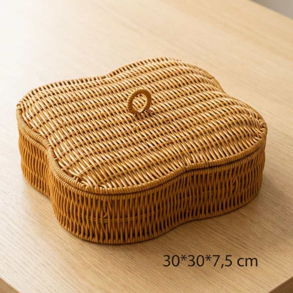 Kapaklı 5 Bölmeli Plastik Rattan Organizer Kutu – Hasır Desenli Çok Amaçlı Saklama ve Sunum Sepeti Çerezlik