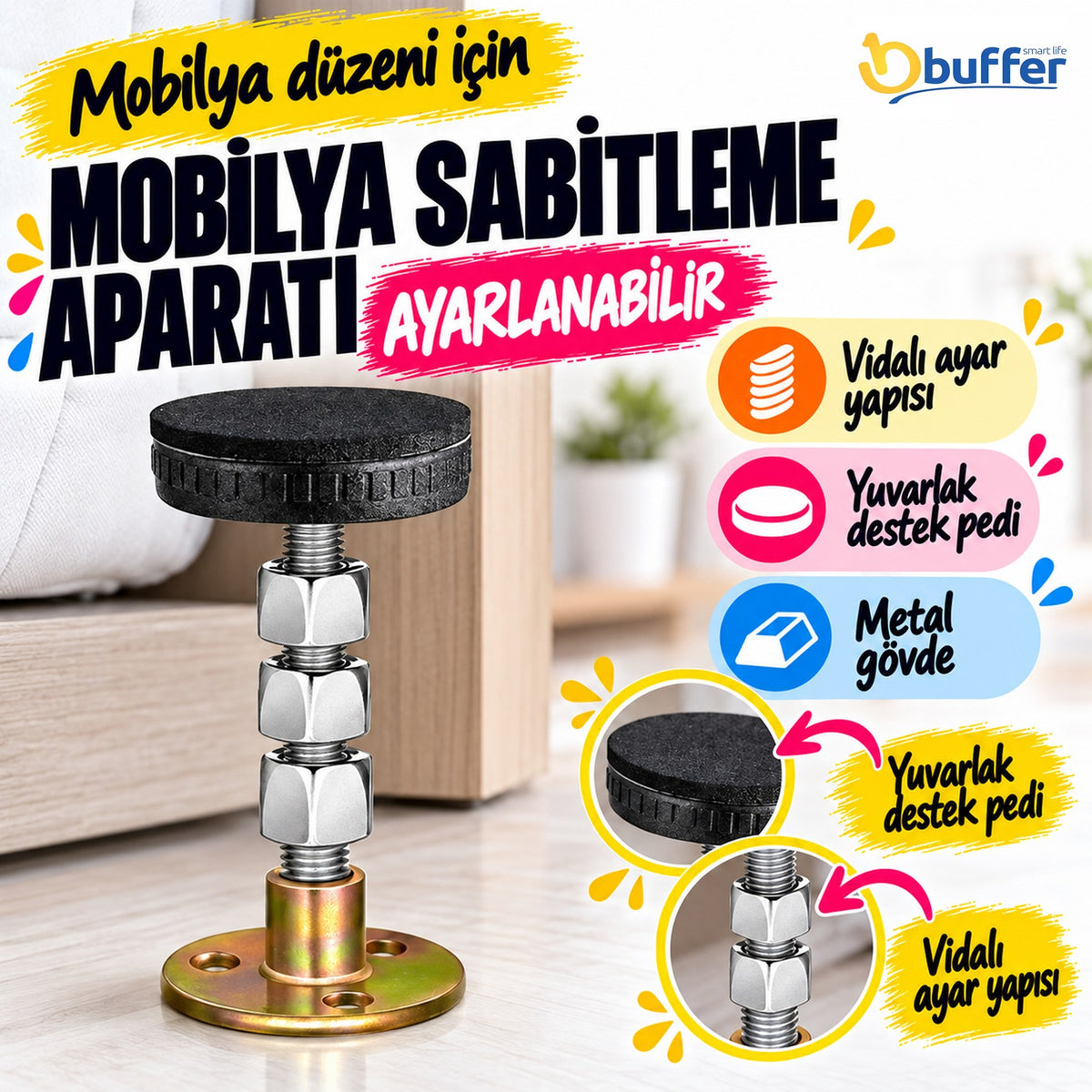 3 Vidalı Mobilya Sabitleme Aparatı – Yatak Baza Başlık Duvar Sabitleyici, Sallanma ve Titrelim Önleyici Aparat
