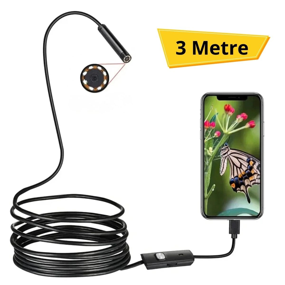 BUFFER 3 Metre Android Telefon Uyumlu 6 LED Işıklı Su Geçirmez Endoskop / Boroskop Yılan Kamera HD