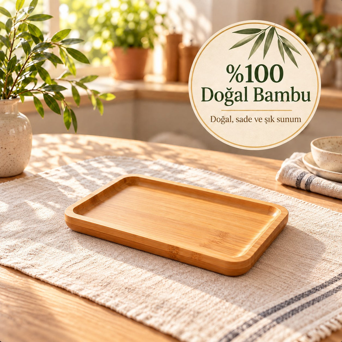 Emmy 18 cm Dikdörtgen Bambu Sunum Tabağı Kahvaltılık Servis Tabağı