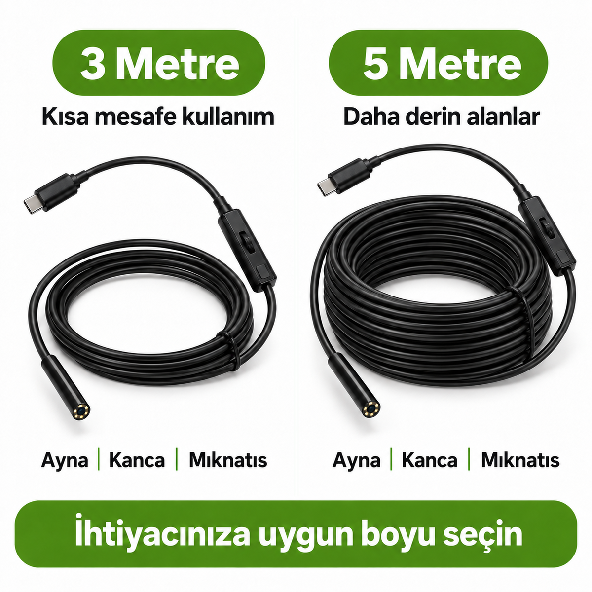 Endoskop kamera 3 metre 5 metre karşılaştırma