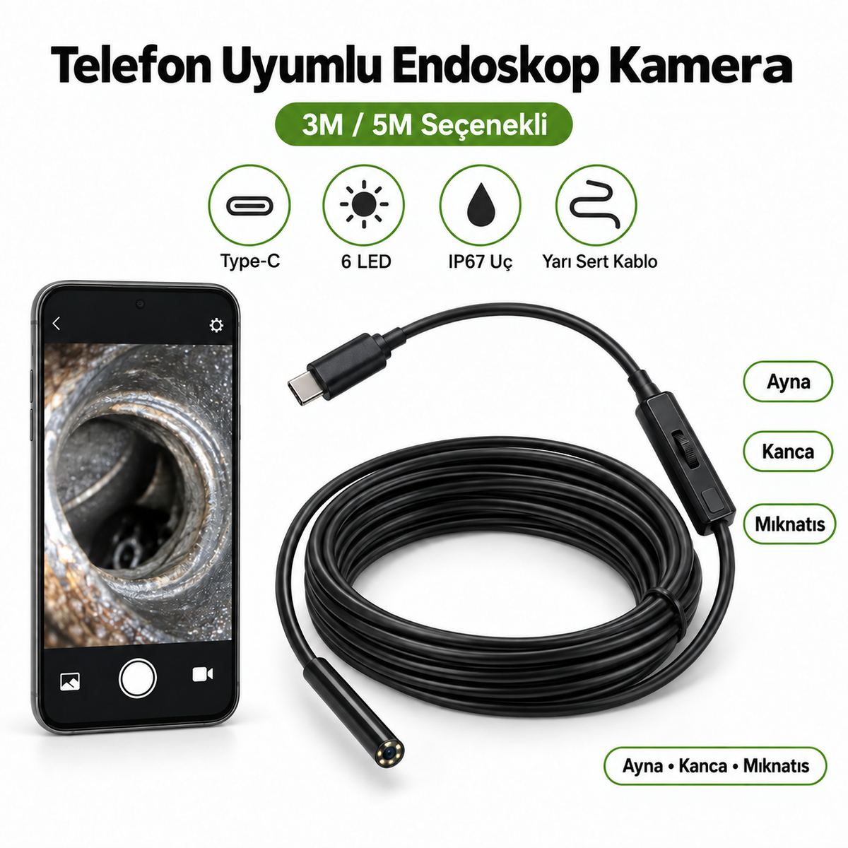 Telefon uyumlu endoskop kamera 3M 5M