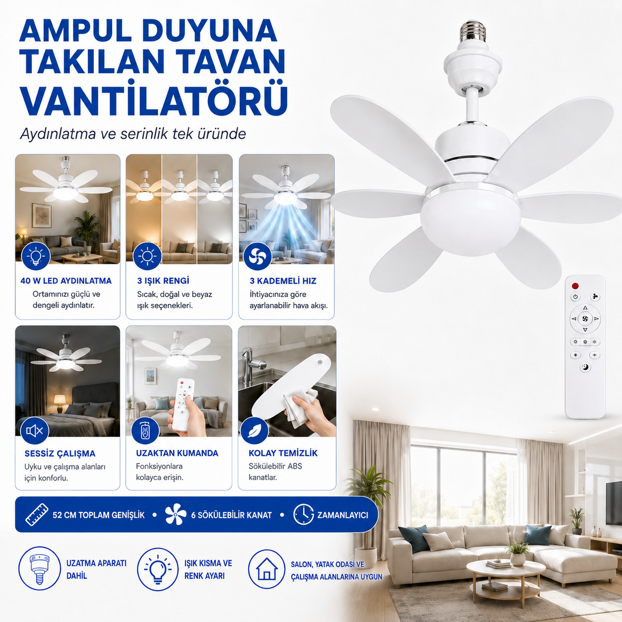 Ampul Duyuna Takılan 6 Kanatlı LED Tavan Vantilatörü – 52 cm, Uzaktan Kumandalı