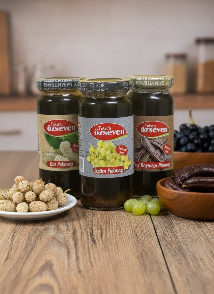 Özseven Geleneksel Pekmezler 3’lü Paket – Üzüm 800gr , Dut 800gr & Keçiboynuzu 800gr (3x800gr)
