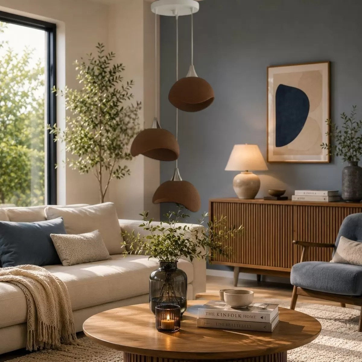 Beton Görünümlü İskandi̇nav Tarzı Salon Oturma Odası 3'lü Avize 32 X 70 Cm Kahverengi