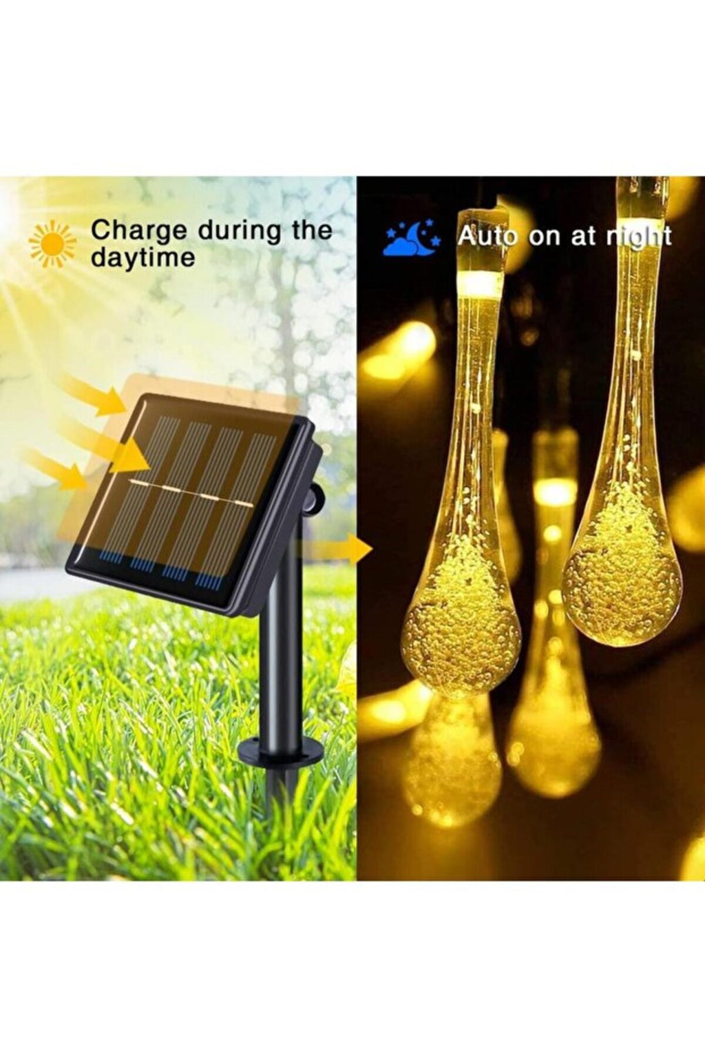 Solar 5 Metre 20 LED Günışığı Damlacık Işıkları, Güneş Enerjili LED Işıklar Dış Mekan