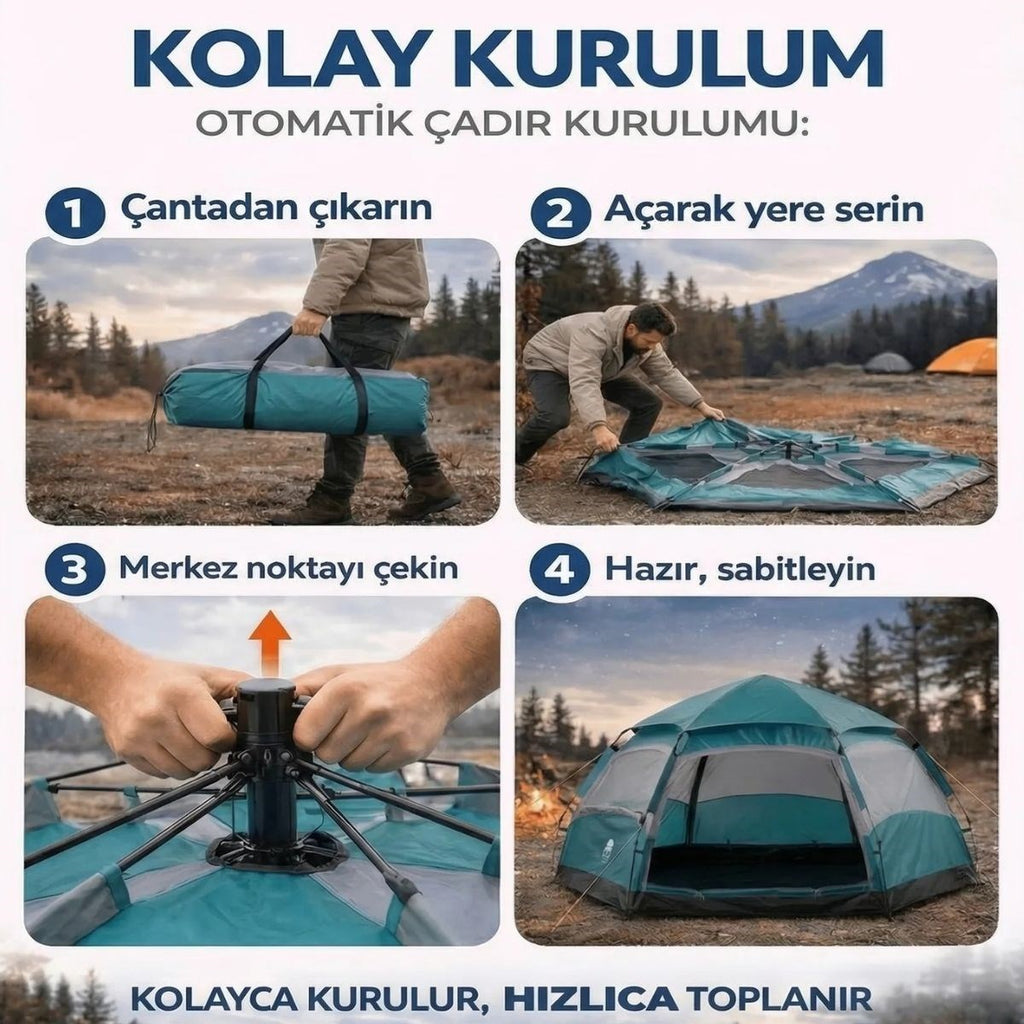BUFFER 4 Kişilik Otomatik Kamp Çadırı – Altıgen Tasarım, Çift Kapılı, Suya Dayanıklı, Hızlı Kurulumlu Geniş Aile Outdoor Çadırı 240x240x160 cm