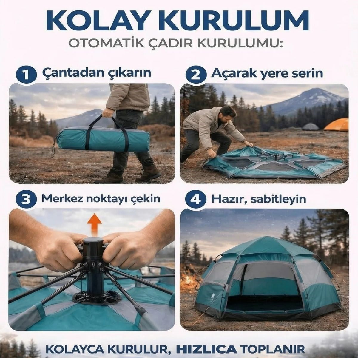 BUFFER 4 Kişilik Otomatik Kamp Çadırı – Altıgen Tasarım, Çift Kapılı, Suya Dayanıklı, Hızlı Kurulumlu Geniş Aile Outdoor Çadırı 240x240x160 cm