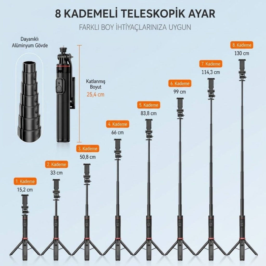 BUFFER 130 cm Uzayabilen Manyetik Kumandalı Tripod ve Ayarlanabilir Telefon Tutuculu, Alüminyum Gövdeli Selfie Çubuğu