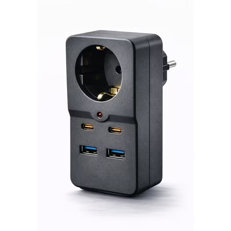 Akım Korumalı Priz Çoğaltıcı | 2 USB + 2 Type-C Hızlı Şarj Adaptörü, Topraklı Çoklu Priz