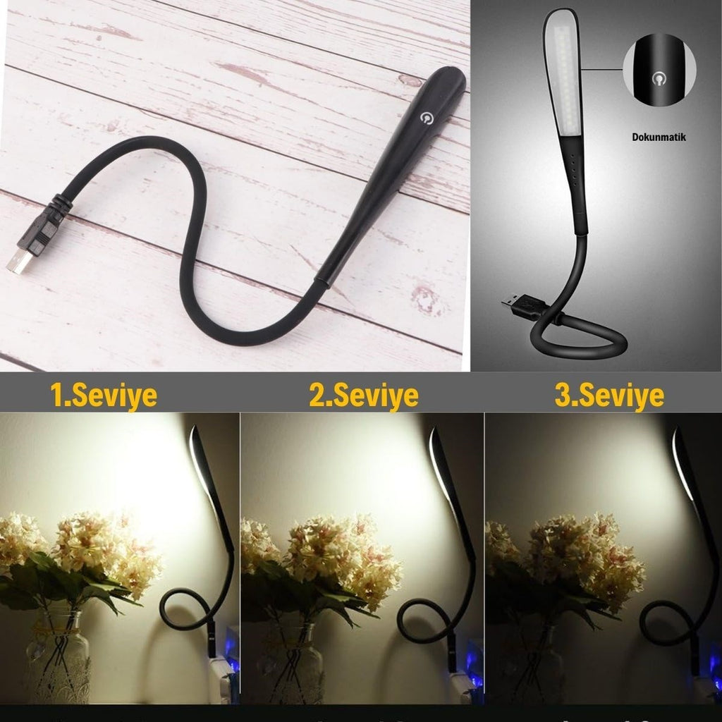 USB Girişli 14 Ledli 3 Kademeli Dokunmatik Masa/Kitap Okuma Lambası Ledi Siyah