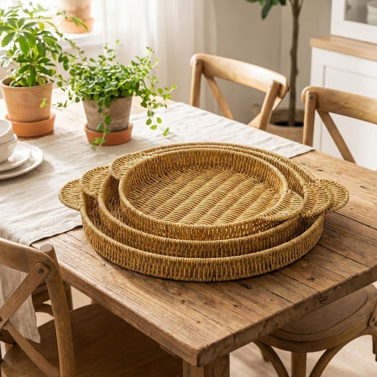 İç İçe Geçebilen 3’lü Yuvarlak Plastik Rattan Tepsi Seti–Hasır Görünümlü Çok Amaçlı Servis ve Sunum Tepsileri