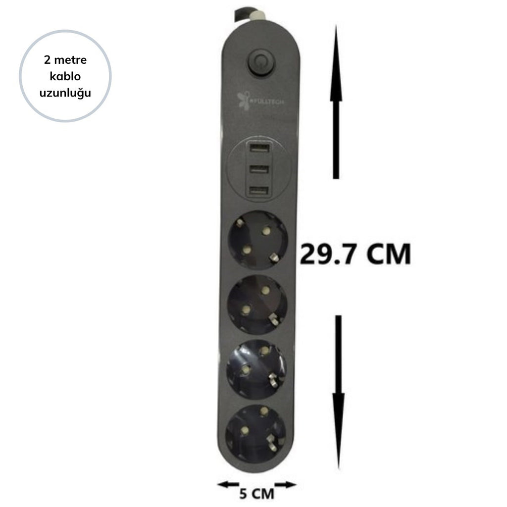 4lü Siyah Anahtarlı 3 USB Li Akım Korumalı Topraklı Çocuk Korumalı Grup Priz 2 Metre