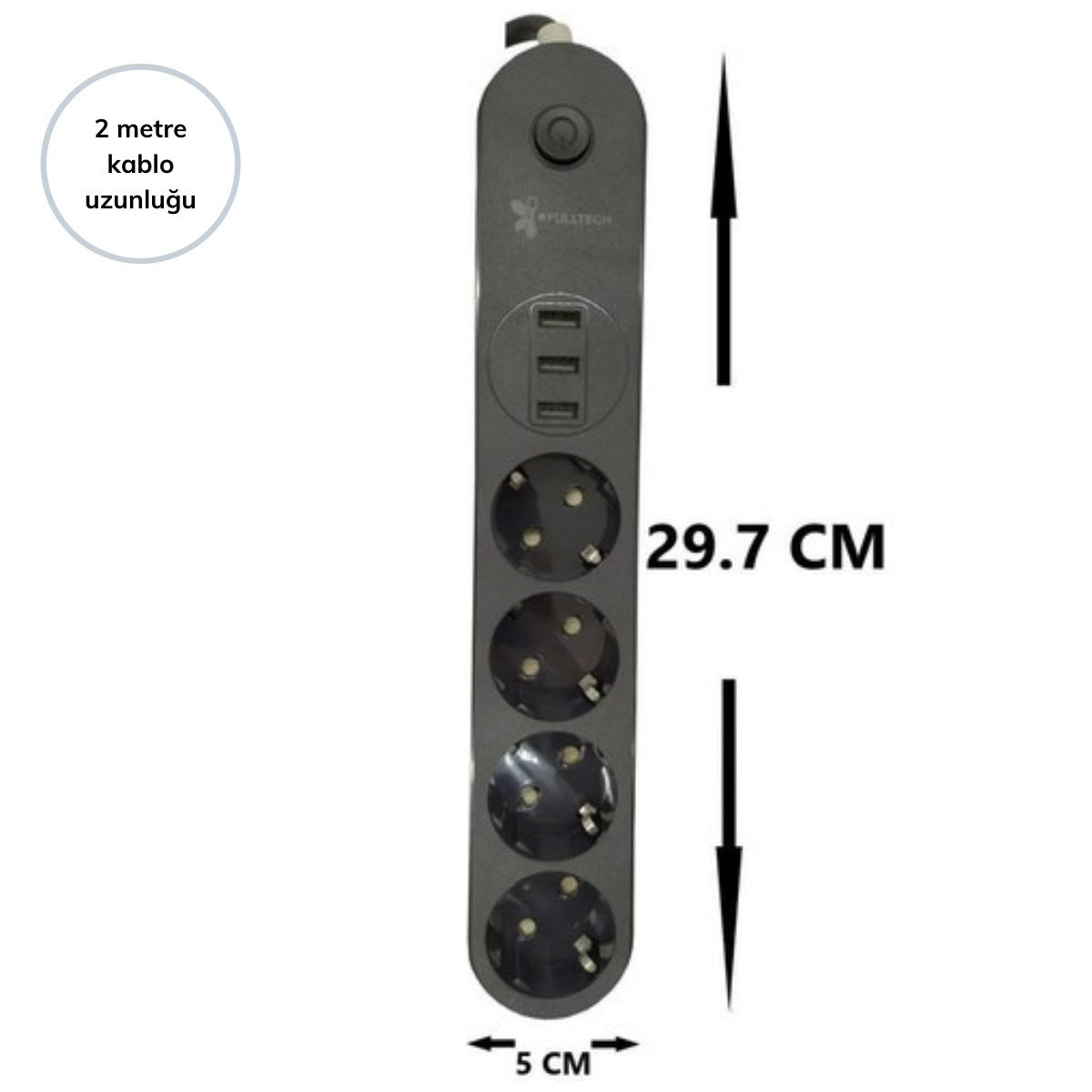 4lü Siyah Anahtarlı 3 USB Li Akım Korumalı Topraklı Çocuk Korumalı Grup Priz 2 Metre