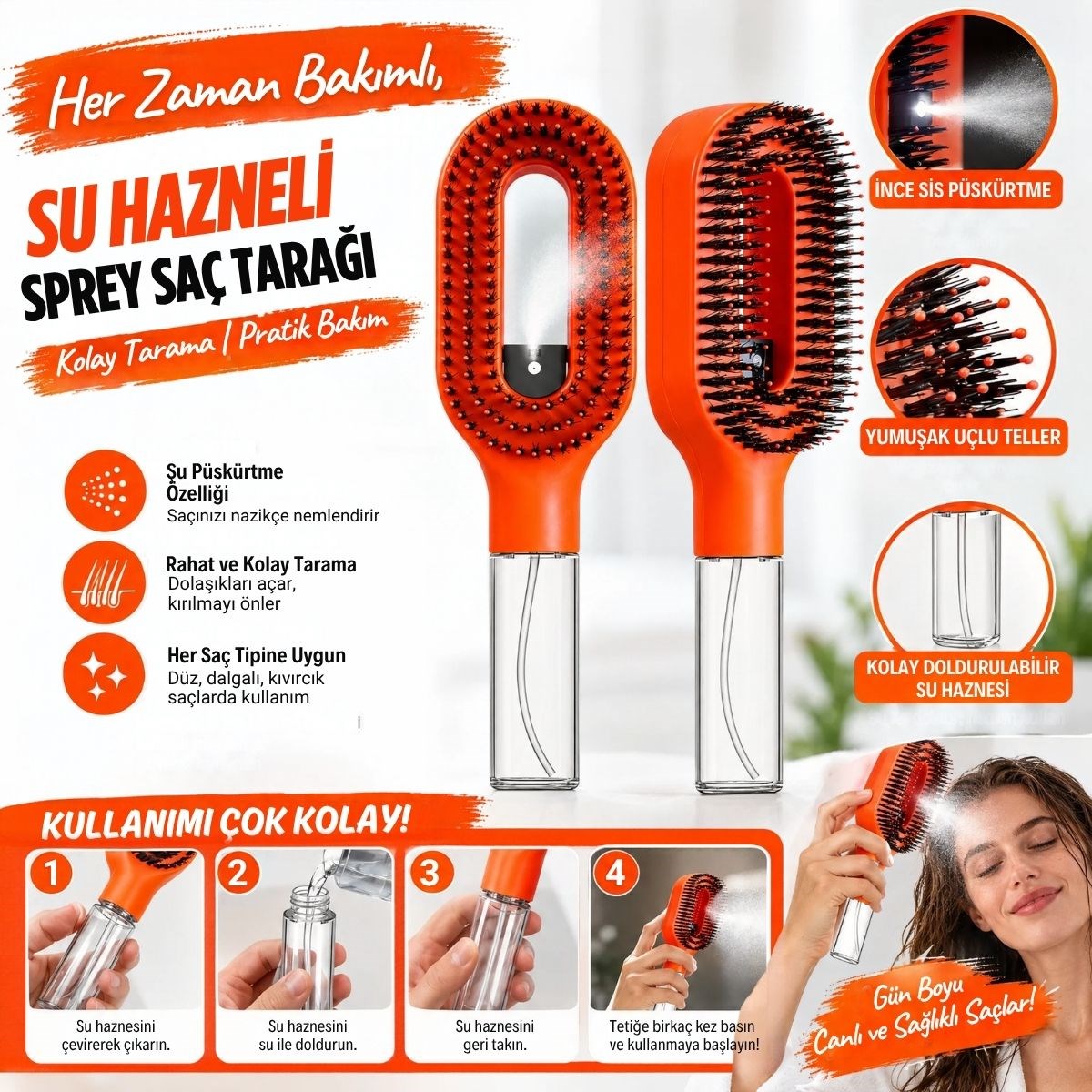 Su Hazneli Spreyli Saç Fırçası, Oval Başlıklı Yuvarlatılmış Uçlu Tarama Dişleri, Şeffaf Hazneli Saç Tarama ve Şekillendirme Fırçası