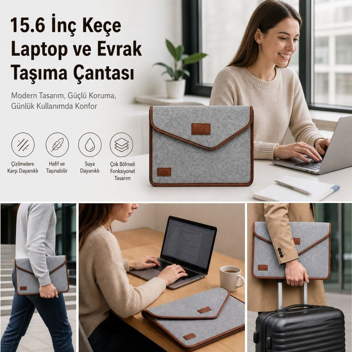 BUFFER 15.6 İnç Gri Cırt Cırtlı Keçe Laptop ve Evrak Çantası, Notebook Bilgisayar ve Dosya Taşıma Çantası