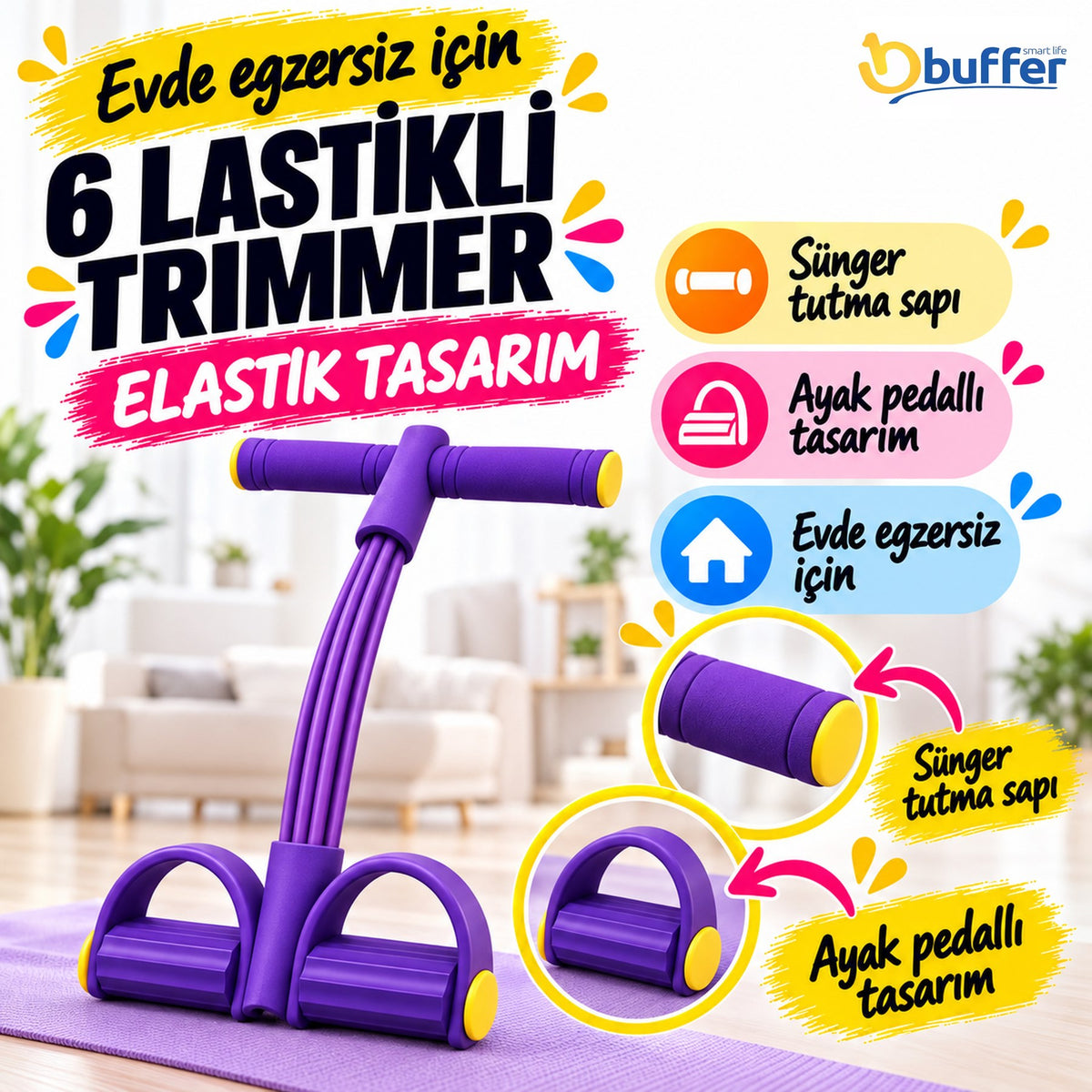 6 Lastikli Body Trimmer Karın Kası Çalıştırıcı Elastik Egzersiz Yayı ve Jimnastik Aleti