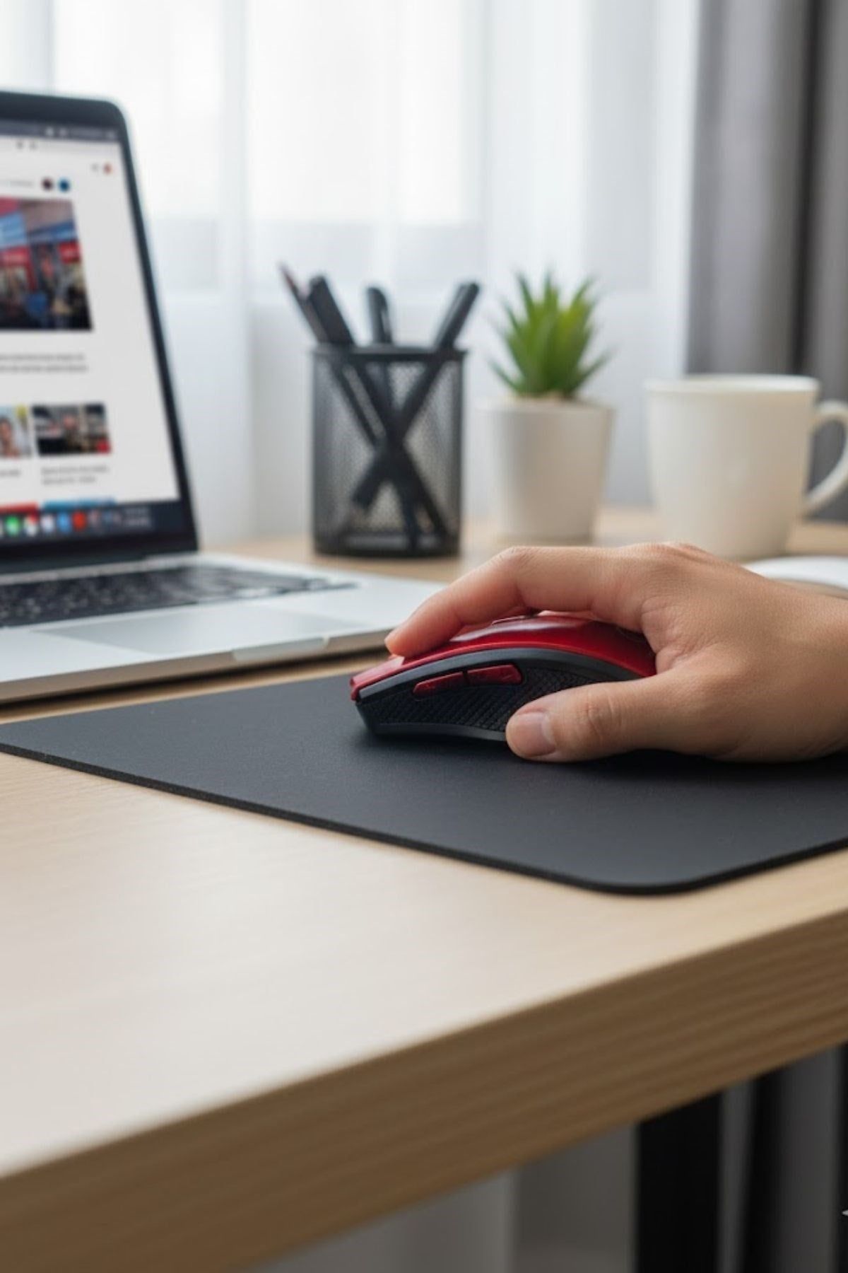 Kırmızı Renkli Baş Parmak Destekli Ergonomik Sessiz Kablosuz Mouse – USB Alıcılı, Ofis ve Oyun İçin Konforlu Bilgisayar Faresi MS6300