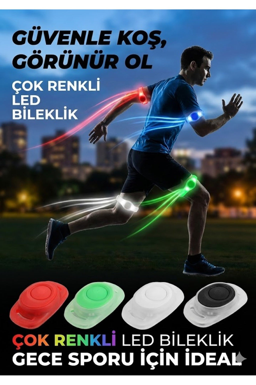 Gece Koşu Bilekliği: Su Geçirmez, 2 Fonksiyonlu, Işıklı Güvenlik Bandı