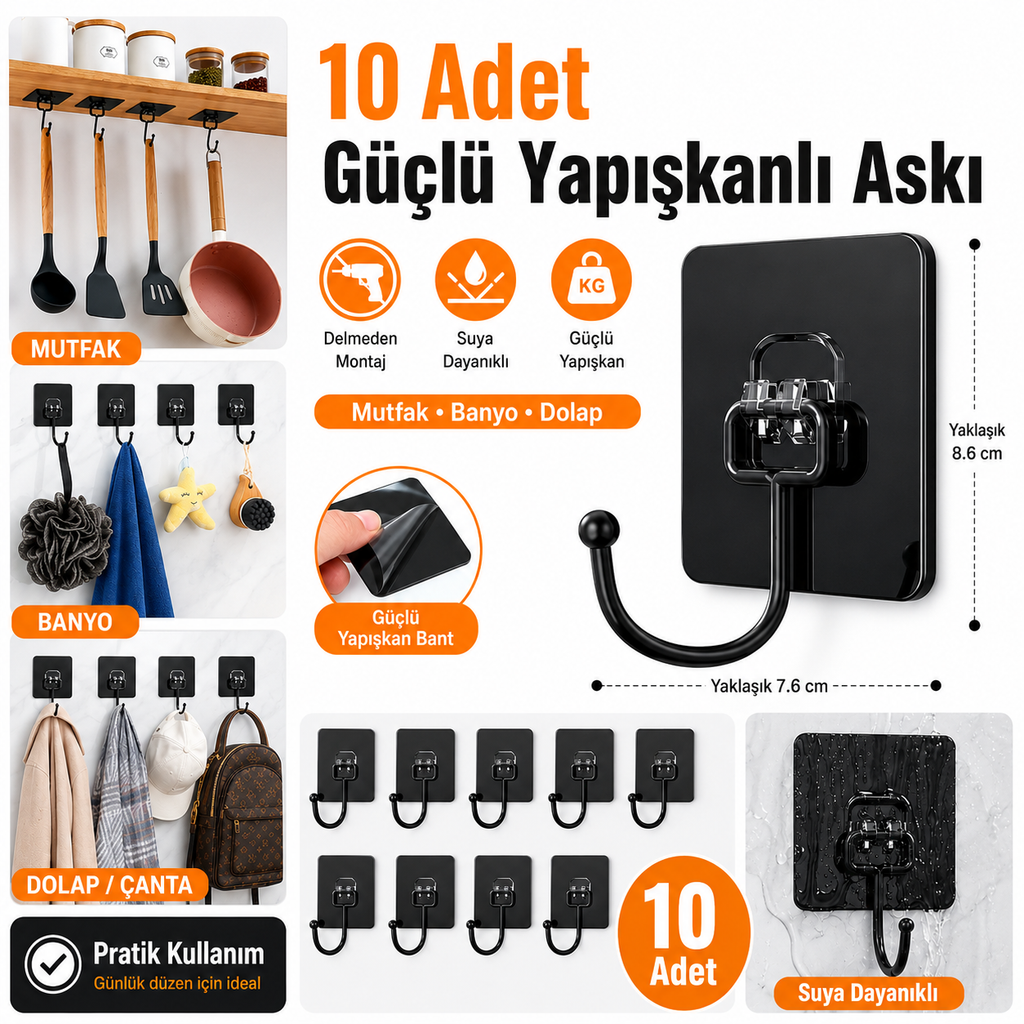 10 adet güçlü yapışkanlı siyah duvar askısı