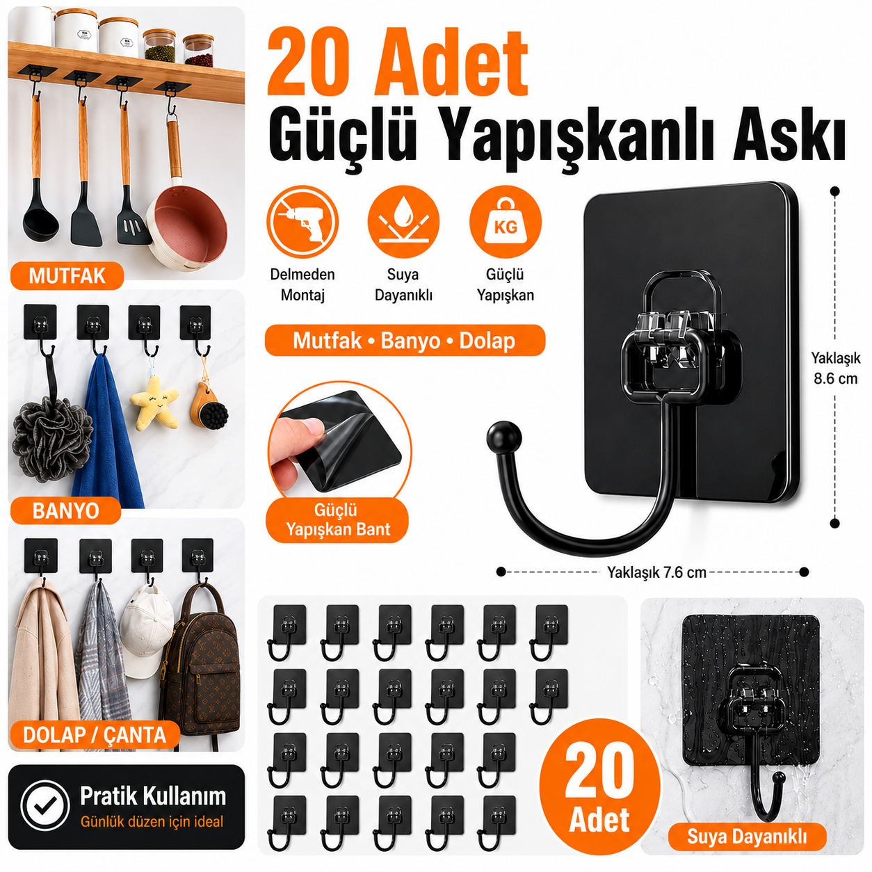 20 adet güçlü yapışkanlı siyah duvar askısı