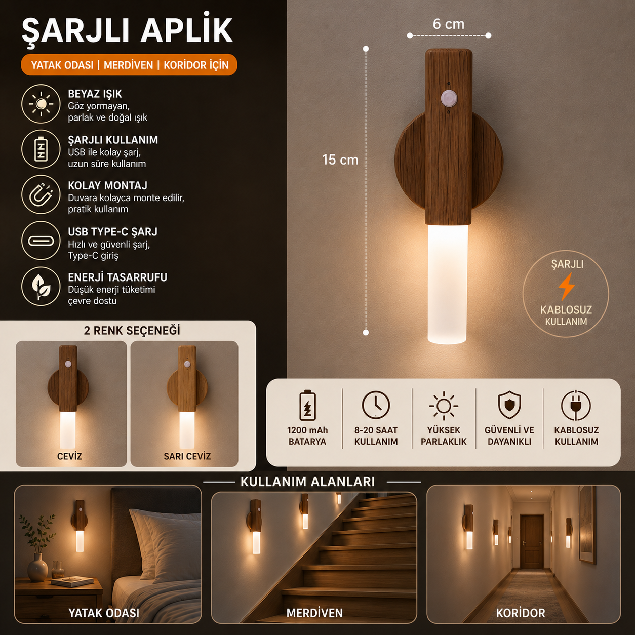 Hareket sensörlü şarjlı duvar apliği 15 cm ve 6 cm ölçü görseli