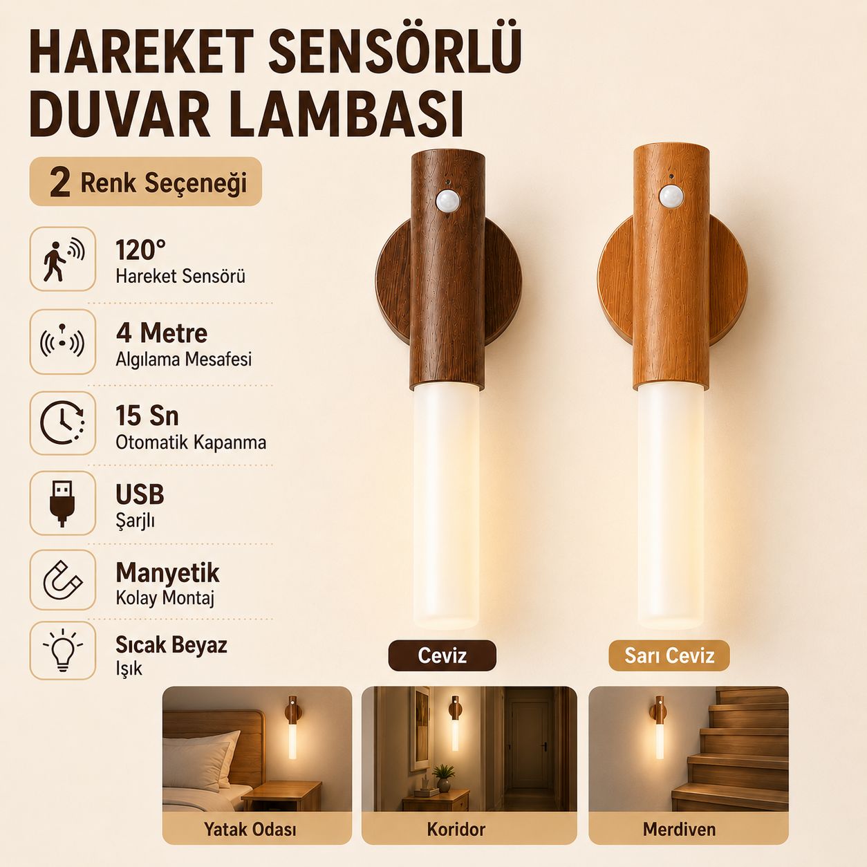 2'li hareket sensörlü şarjlı duvar lambası Ceviz ve Sarı Ceviz