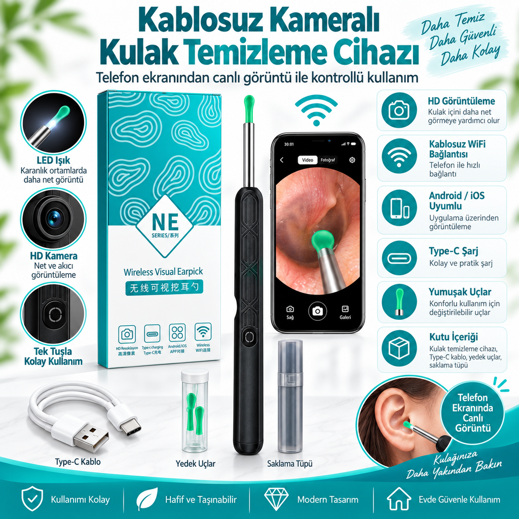 Kablosuz kameralı kulak temizleme cihazı özellikleri