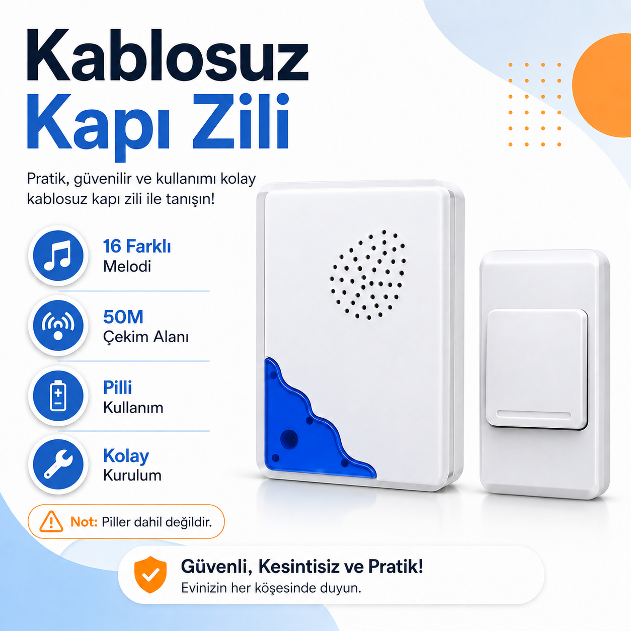 Kablosuz kapı zili 16 melodi 50 metre çekim alanı, piller dahil değildir