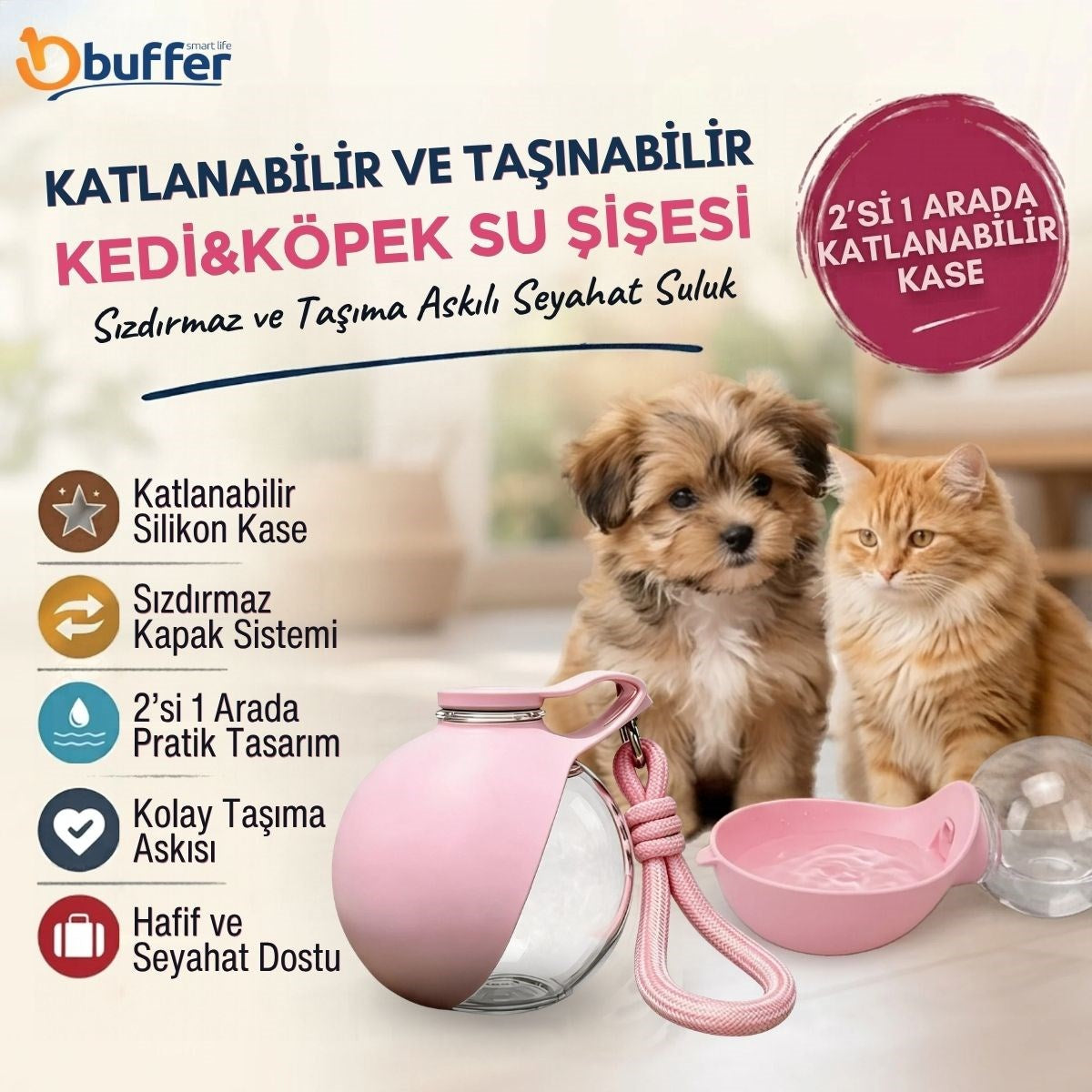 Katlanabilir Kaseli 2’si 1 Arada Kedi Köpek Su Şişesi, Sızdırmaz ve Taşıma Askılı Seyahat Suluk