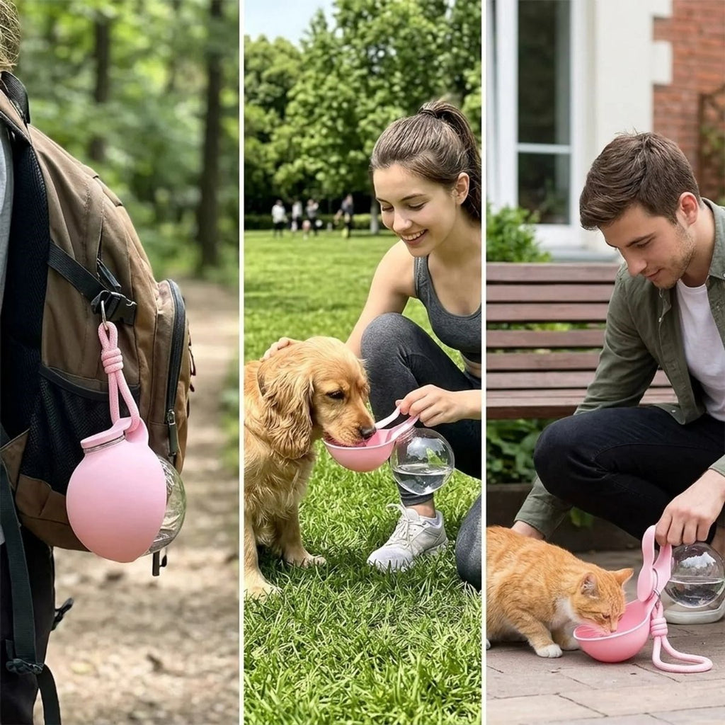 Katlanabilir Kaseli 2’si 1 Arada Kedi Köpek Su Şişesi, Sızdırmaz ve Taşıma Askılı Seyahat Suluk