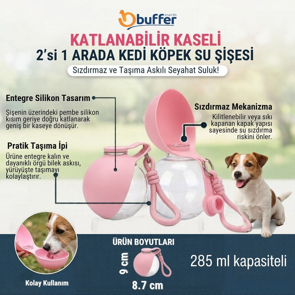 Katlanabilir Kaseli 2’si 1 Arada Kedi Köpek Su Şişesi, Sızdırmaz ve Taşıma Askılı Seyahat Suluk