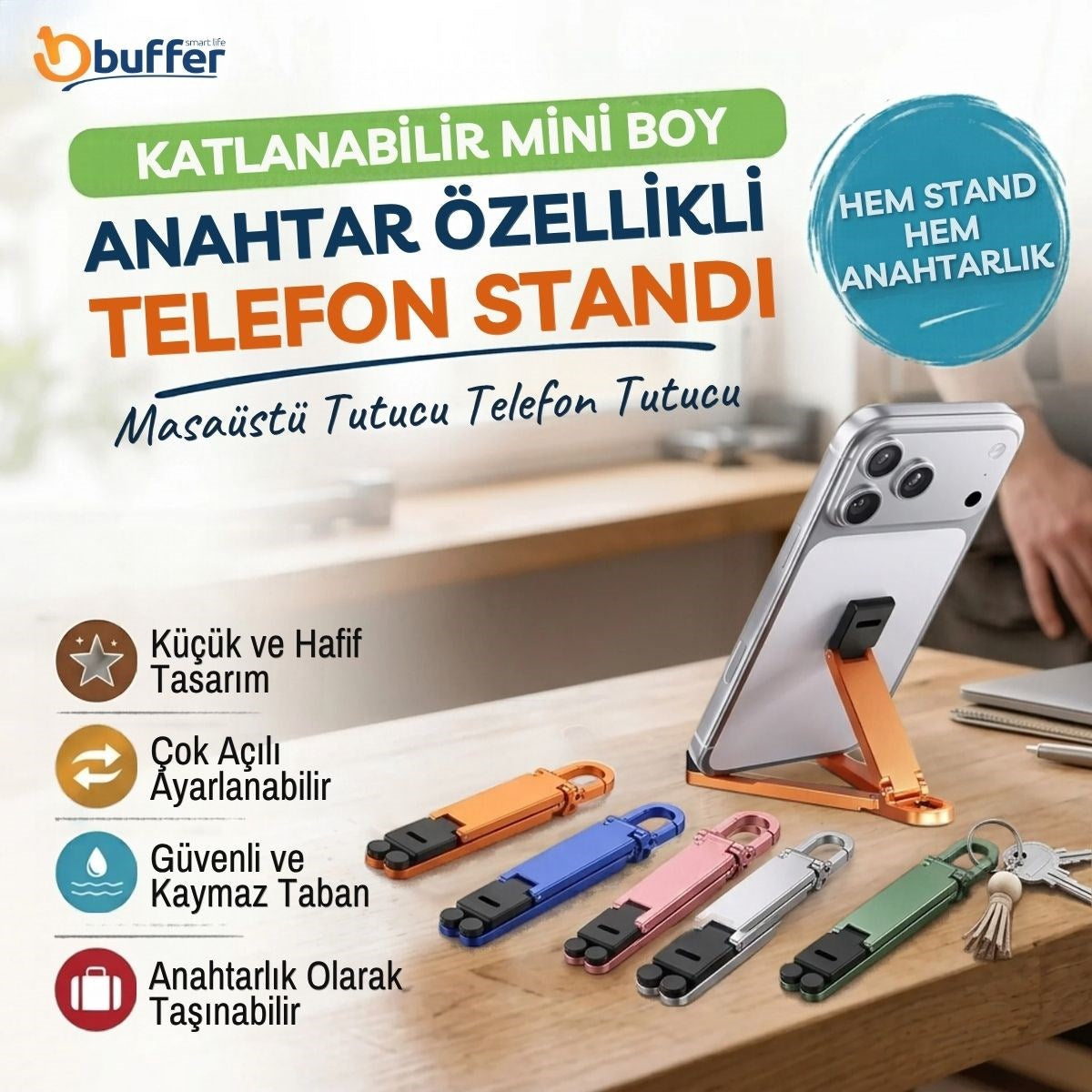 Katlanabilir Mini Telefon Standı, Anahtarlık Özellikli Taşınabilir Masaüstü Plastik Cep Telefonu Tutucu