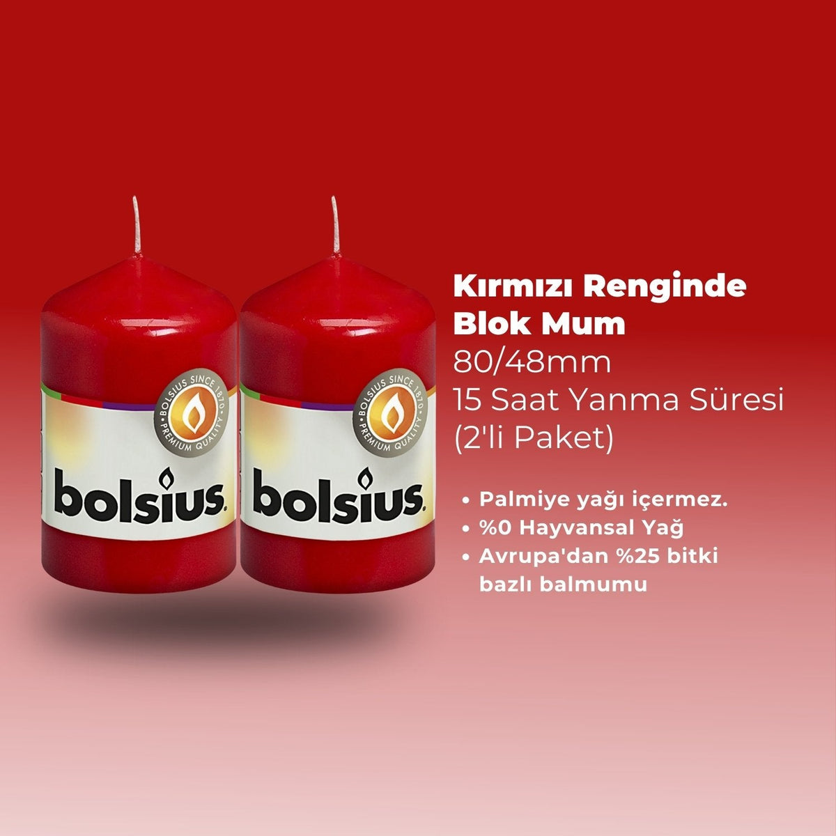 Kırmızı Renkli Blok Sütun Mum - 15 Saat Yanma Süresi - 80/48mm - Herseyben.deAmbiansBlok Mumlar