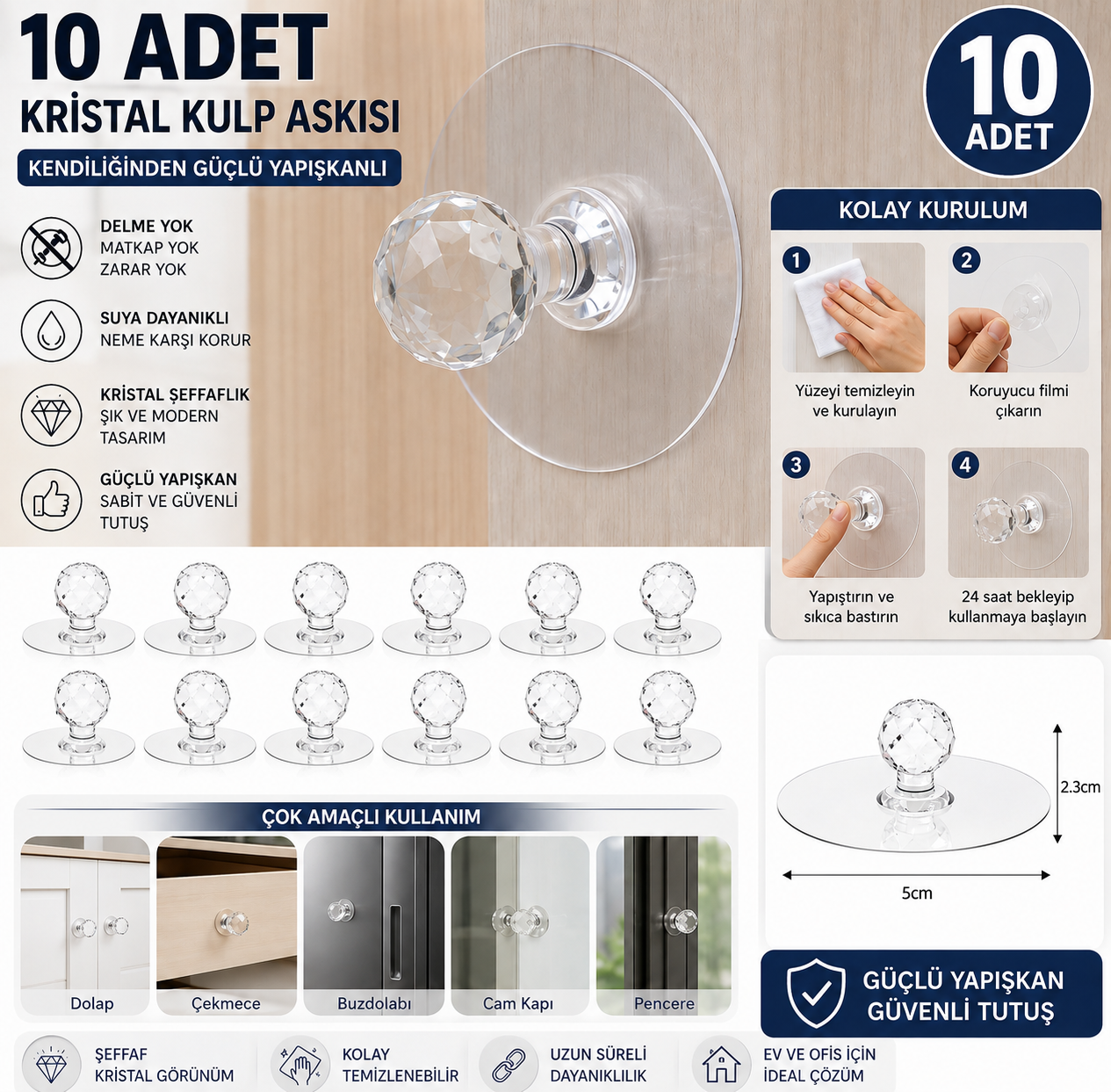 10 adet kristal kendinden yapışkanlı kulp askısı