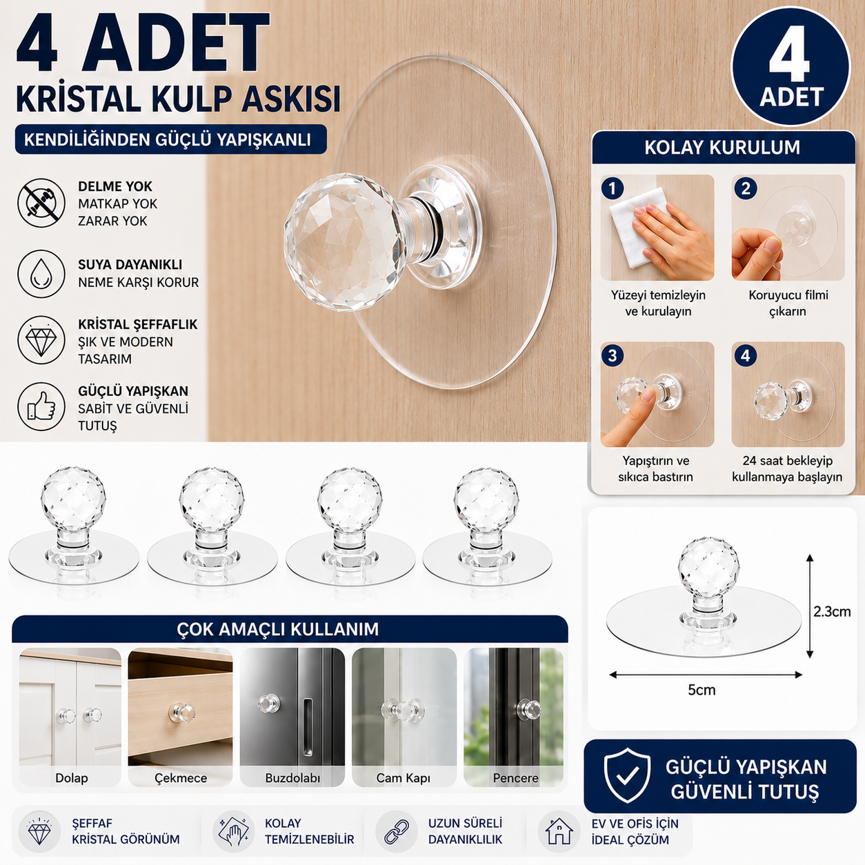 4 adet kristal kendinden yapışkanlı kulp askısı