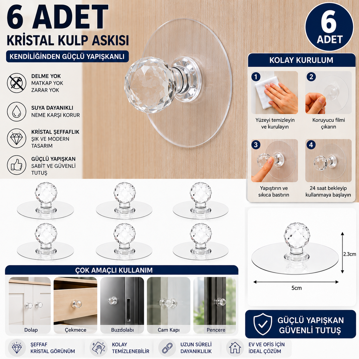 6 adet kristal kendinden yapışkanlı kulp askısı