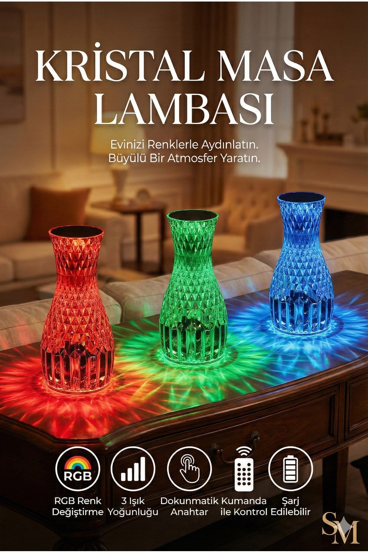 Kristal Masa Lambası Rgb Renk Değiştiren Gece Lambası 16 Renk Ve 4 Mod Dokunmatik Kontrol