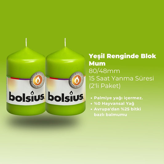 Limon Yeşili Renkli Blok Sütun Mum - 15 Saat Yanma Süresi - 80/48mm - Herseyben.deAmbiansBlok Mumlar