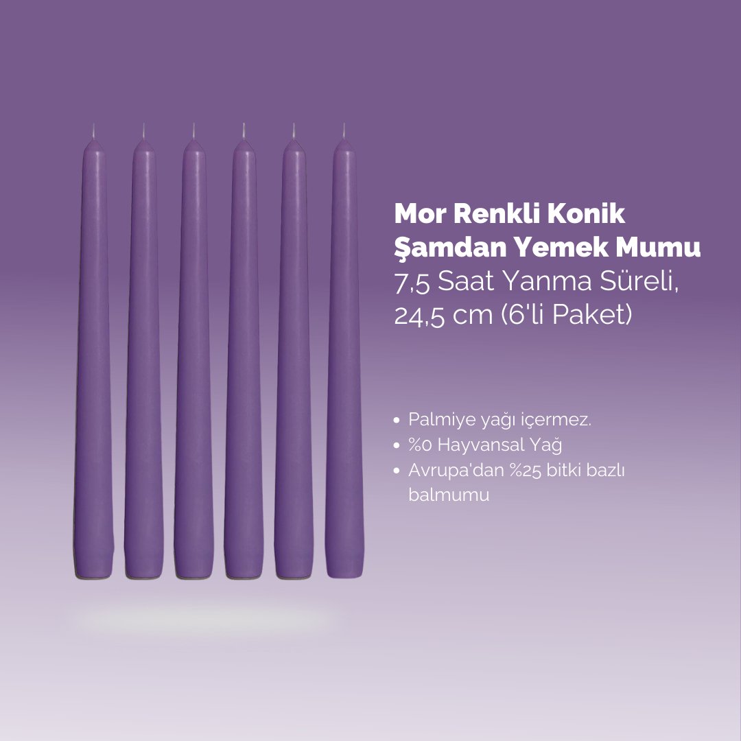 Mor Renkli Konik Şamdan Yemek Mumu, 7,5 Saat Yanma Süreli, 24,5 cm Uzun Mum (6'li Paket) - Herseyben.de