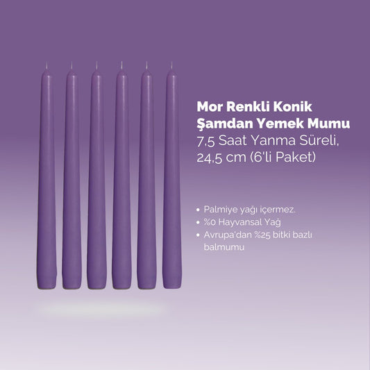 Mor Renkli Konik Şamdan Yemek Mumu, 7,5 Saat Yanma Süreli, 24,5 cm Uzun Mum (6'li Paket) - Herseyben.deAmbiansbolsius